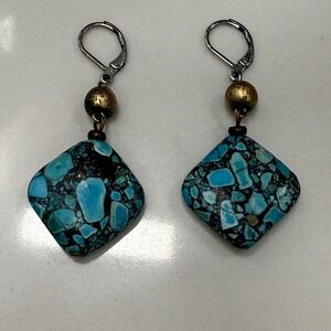 Turquoise Stone Dangle Earrings Gold Tone Accent Geometric Square Drop